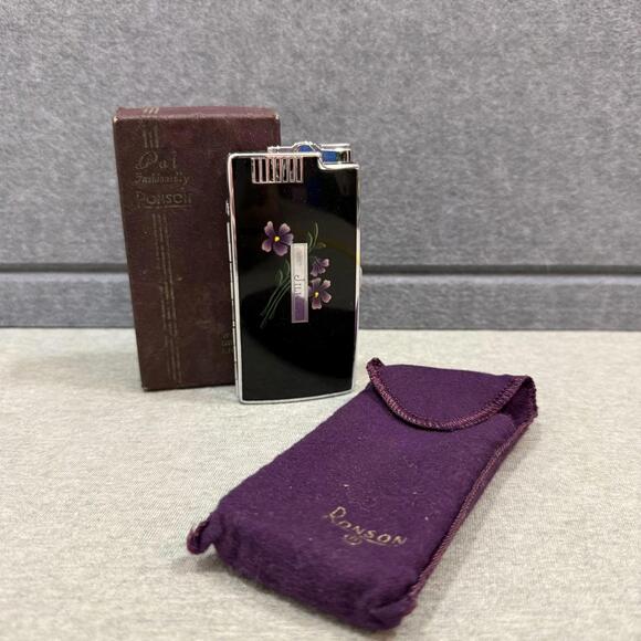 Ronson Other - Vintage Ronson Pal Cigarette Case & Lighter Combo Black Purple Flowers Design